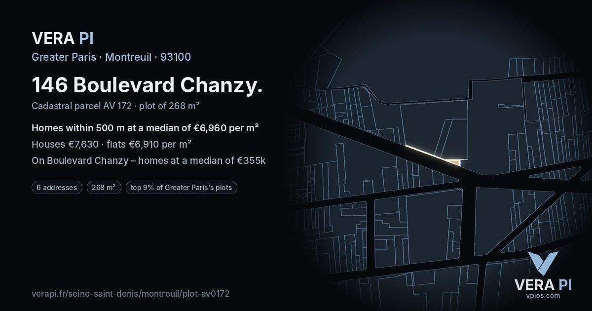 146 Boulevard Chanzy, Montreuil at night – the plot lit, the parcels around coloured by the prices near them