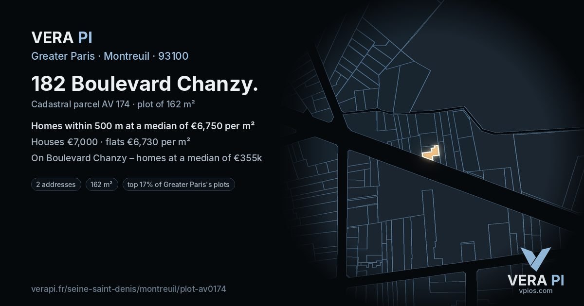 182 Boulevard Chanzy, Montreuil at night – the plot lit, the parcels around coloured by the prices near them