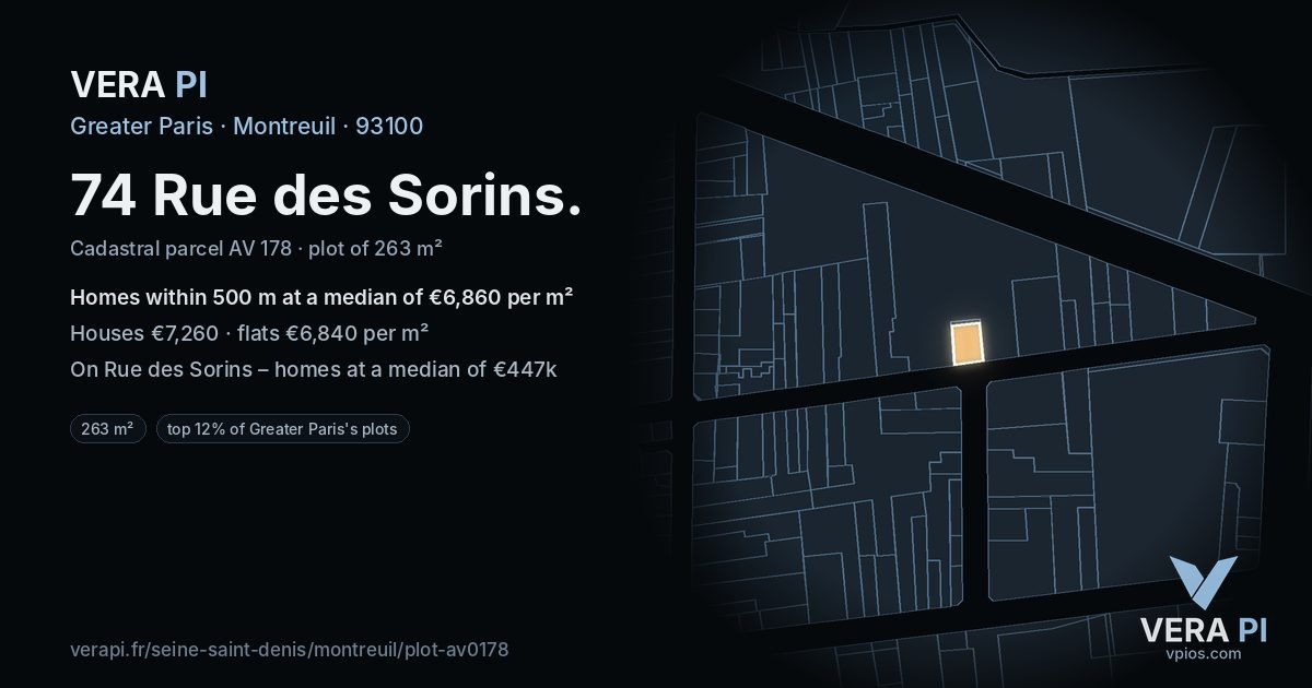 74 Rue des Sorins, Montreuil at night – the plot lit, the parcels around coloured by the prices near them