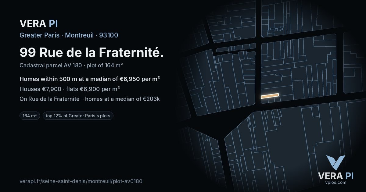 99 Rue de la Fraternité, Montreuil at night – the plot lit, the parcels around coloured by the prices near them