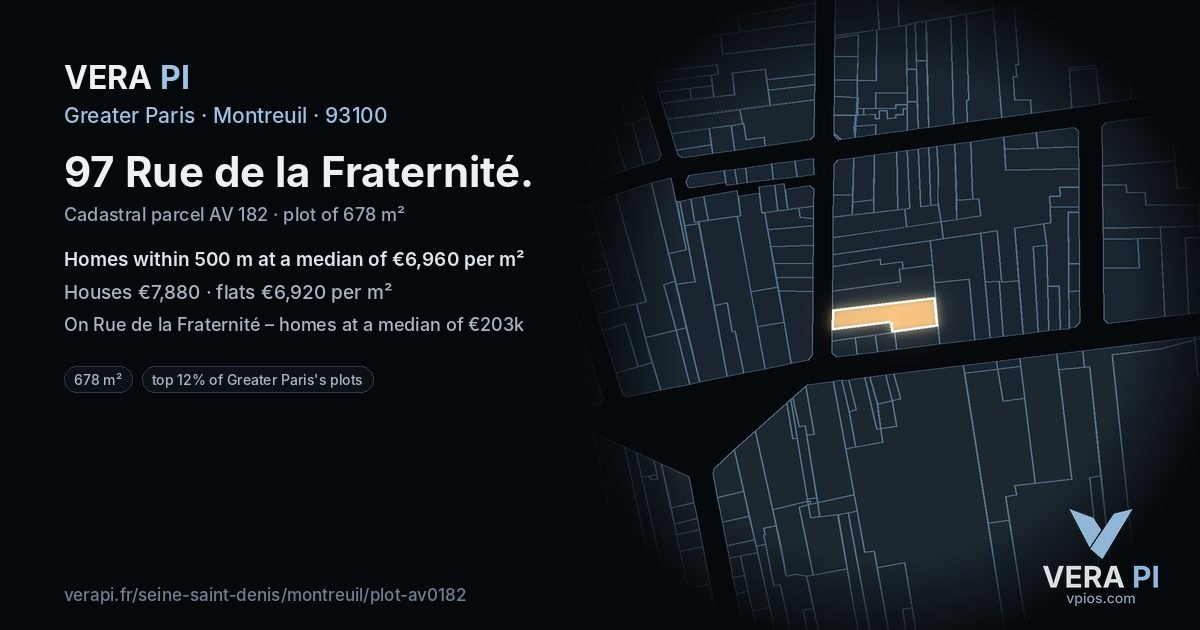 97 Rue de la Fraternité, Montreuil at night – the plot lit, the parcels around coloured by the prices near them