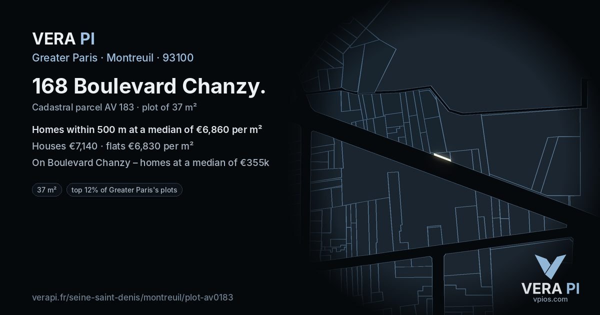 168 Boulevard Chanzy, Montreuil at night – the plot lit, the parcels around coloured by the prices near them