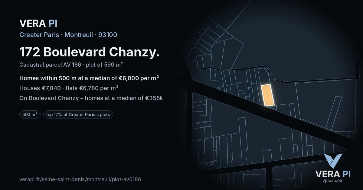 172 Boulevard Chanzy, Montreuil at night – the plot lit, the parcels around coloured by the prices near them