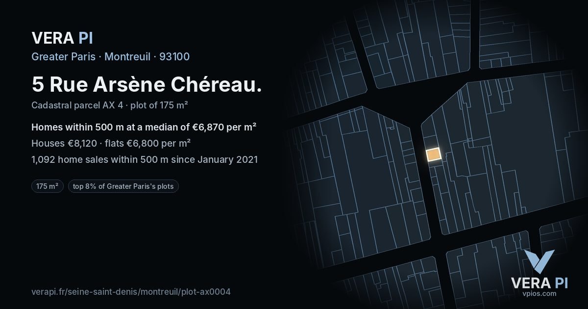 5 Rue Arsène Chéreau, Montreuil at night – the plot lit, the parcels around coloured by the prices near them