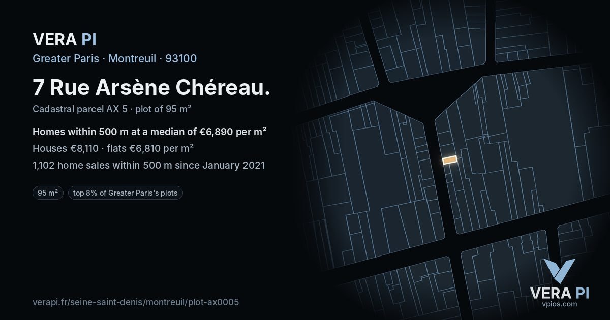 7 Rue Arsène Chéreau, Montreuil at night – the plot lit, the parcels around coloured by the prices near them