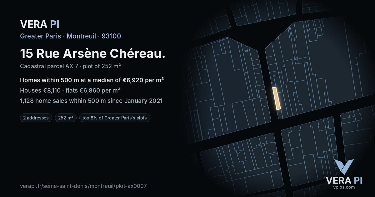 15 Rue Arsène Chéreau, Montreuil at night – the plot lit, the parcels around coloured by the prices near them