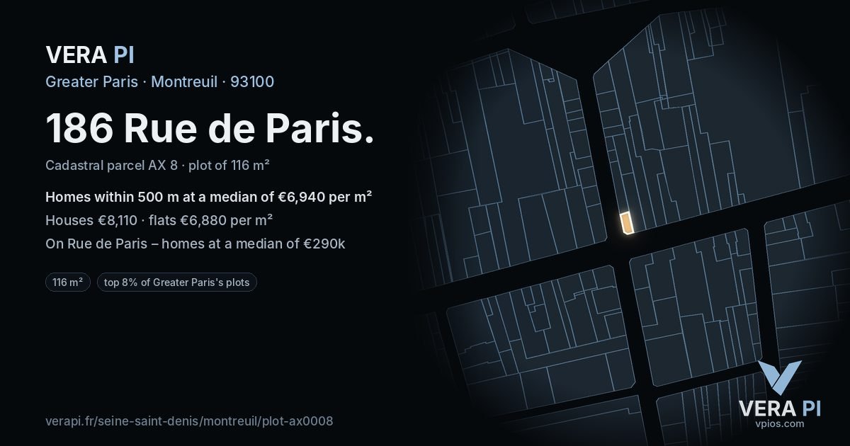 186 Rue de Paris, Montreuil at night – the plot lit, the parcels around coloured by the prices near them