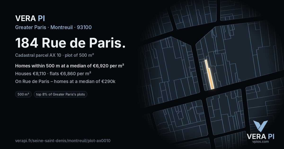 184 Rue de Paris, Montreuil at night – the plot lit, the parcels around coloured by the prices near them