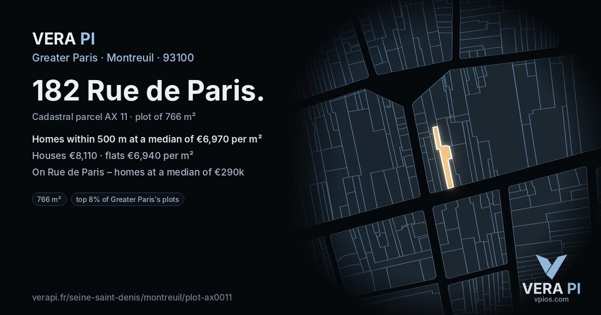182 Rue de Paris, Montreuil at night – the plot lit, the parcels around coloured by the prices near them