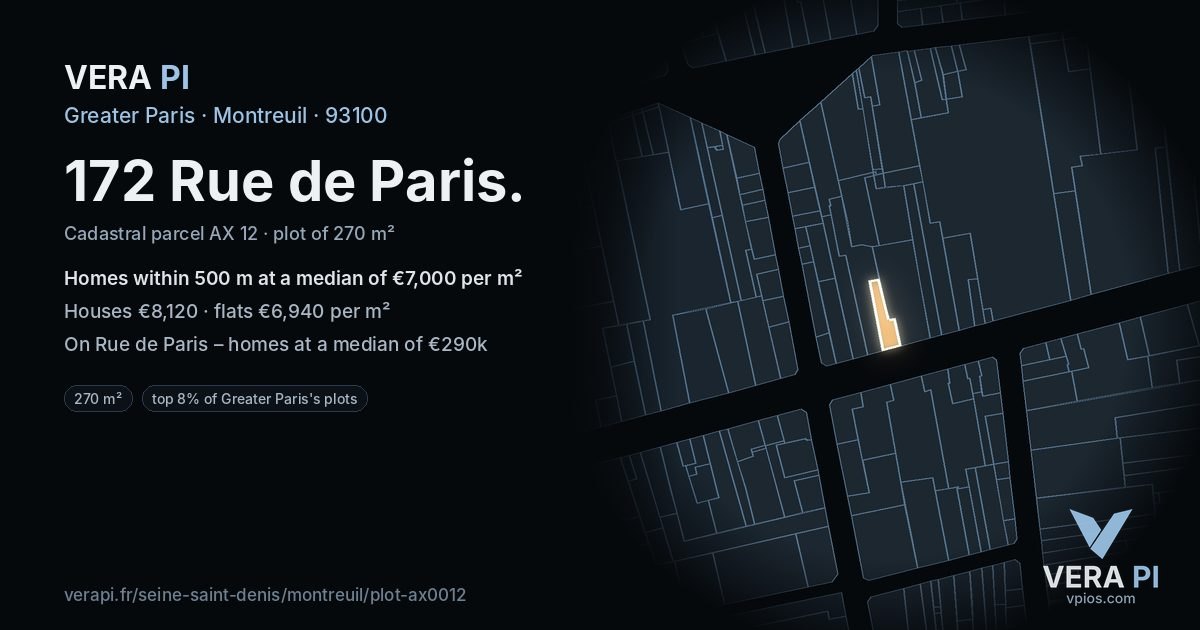 172 Rue de Paris, Montreuil at night – the plot lit, the parcels around coloured by the prices near them