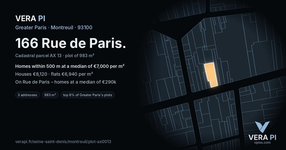 166 Rue de Paris, Montreuil at night – the plot lit, the parcels around coloured by the prices near them