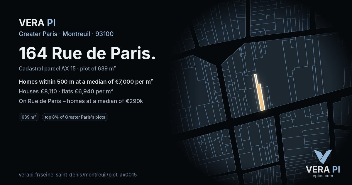 164 Rue de Paris, Montreuil at night – the plot lit, the parcels around coloured by the prices near them