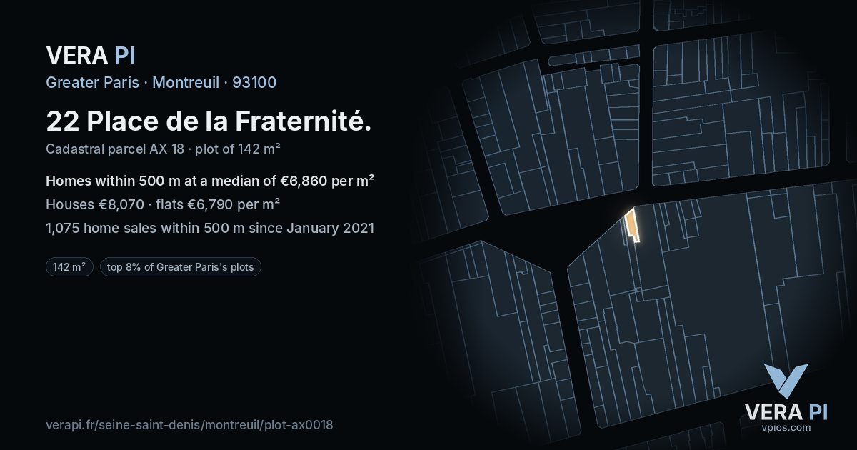 22 Place de la Fraternité, Montreuil at night – the plot lit, the parcels around coloured by the prices near them