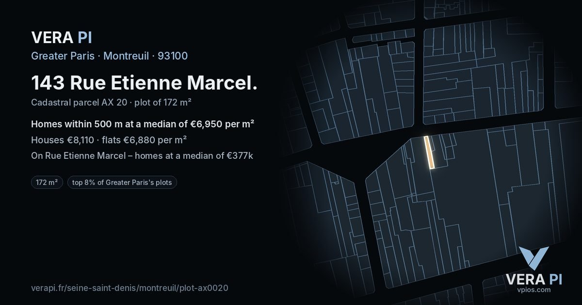 143 Rue Etienne Marcel, Montreuil at night – the plot lit, the parcels around coloured by the prices near them