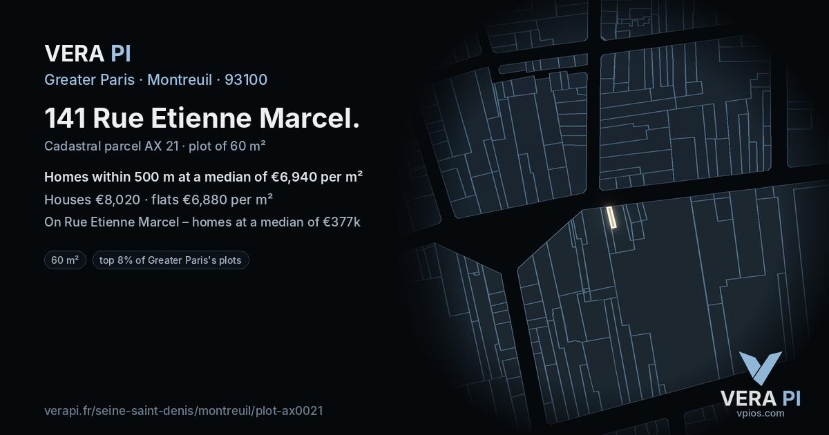 141 Rue Etienne Marcel, Montreuil at night – the plot lit, the parcels around coloured by the prices near them