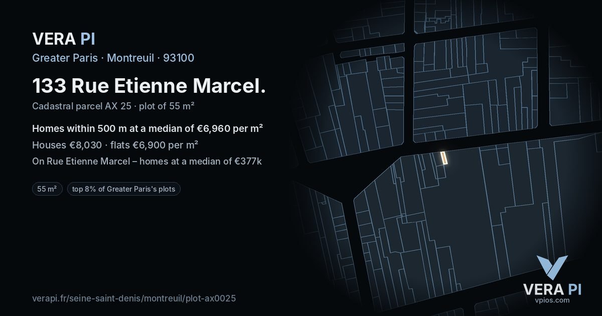 133 Rue Etienne Marcel, Montreuil at night – the plot lit, the parcels around coloured by the prices near them