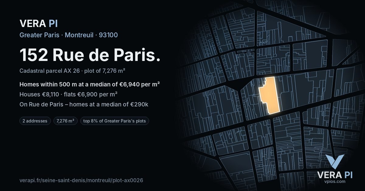 152 Rue de Paris, Montreuil at night – the plot lit, the parcels around coloured by the prices near them