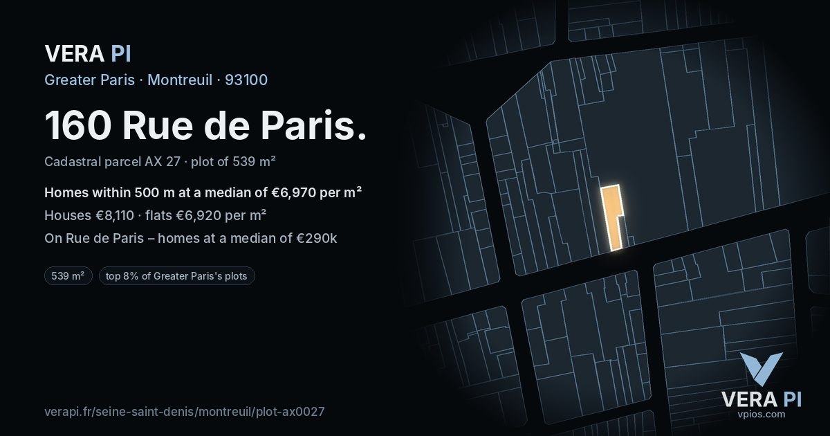 160 Rue de Paris, Montreuil at night – the plot lit, the parcels around coloured by the prices near them