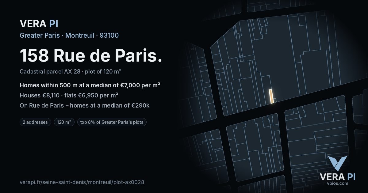 158 Rue de Paris, Montreuil at night – the plot lit, the parcels around coloured by the prices near them