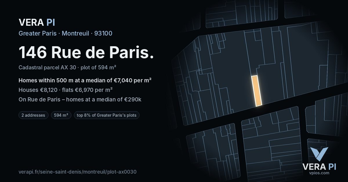 146 Rue de Paris, Montreuil at night – the plot lit, the parcels around coloured by the prices near them