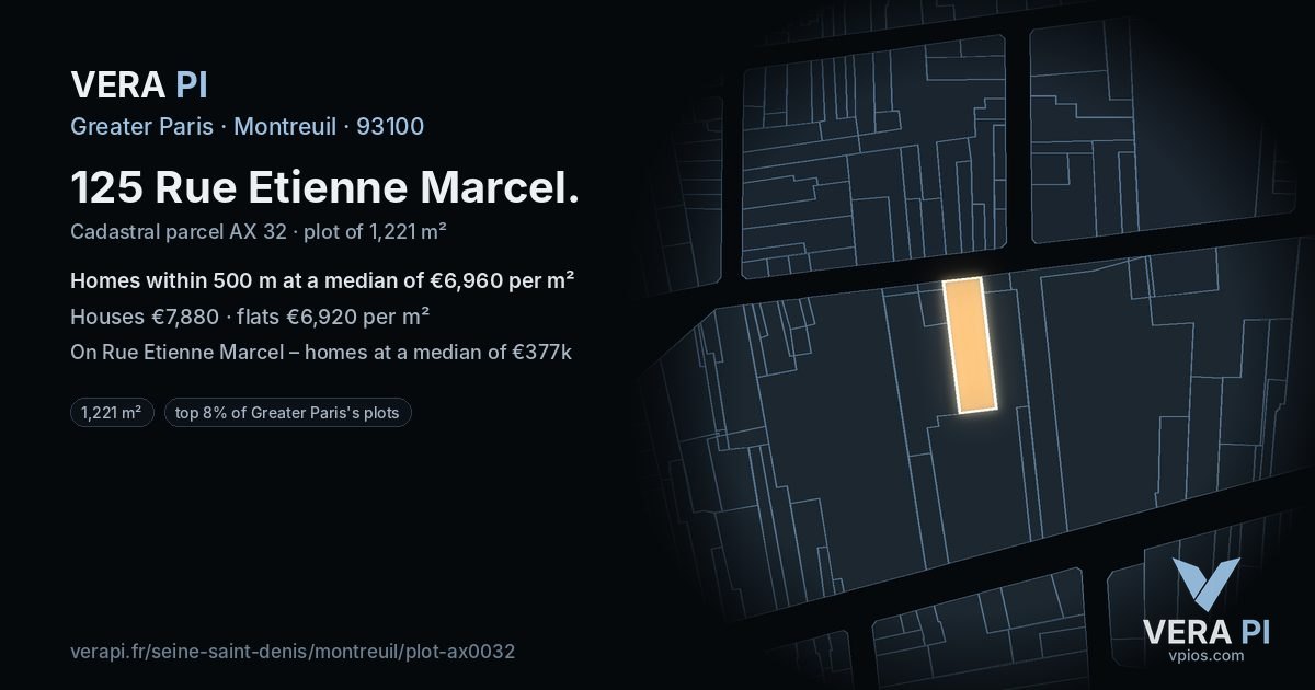 125 Rue Etienne Marcel, Montreuil at night – the plot lit, the parcels around coloured by the prices near them