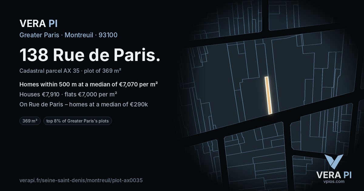 138 Rue de Paris, Montreuil at night – the plot lit, the parcels around coloured by the prices near them
