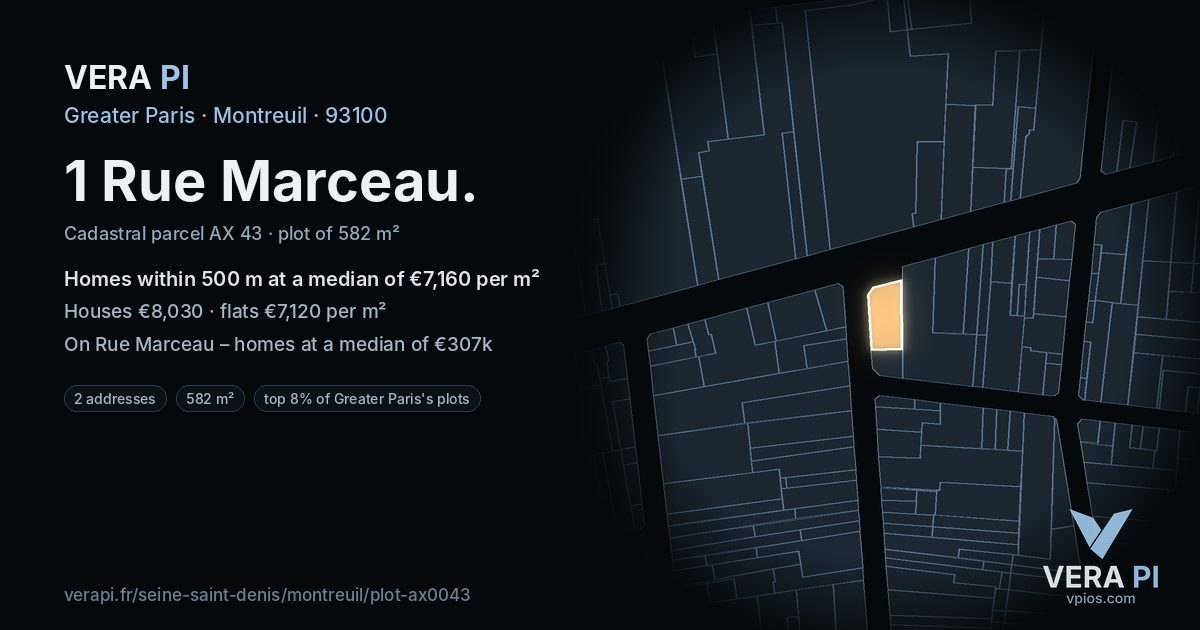 1 Rue Marceau, Montreuil at night – the plot lit, the parcels around coloured by the prices near them