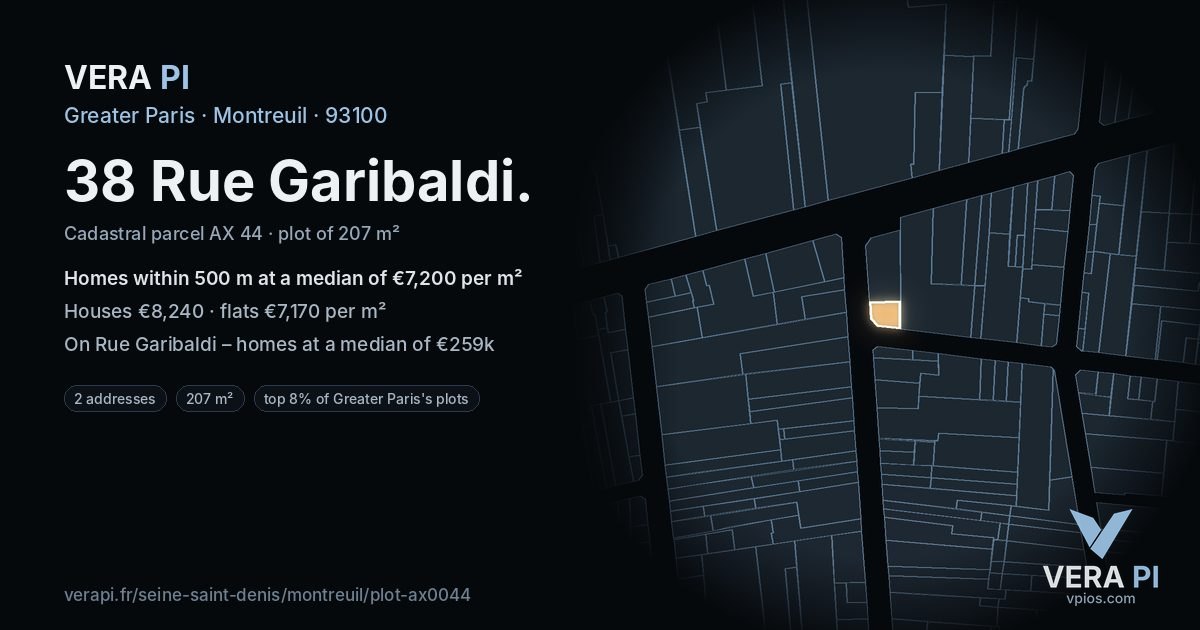 38 Rue Garibaldi, Montreuil at night – the plot lit, the parcels around coloured by the prices near them