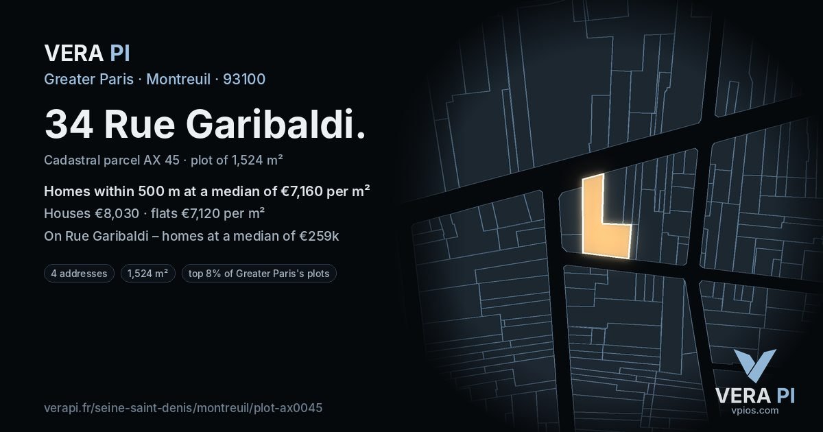 34 Rue Garibaldi, Montreuil at night – the plot lit, the parcels around coloured by the prices near them
