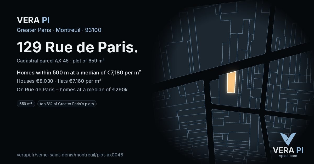 129 Rue de Paris, Montreuil at night – the plot lit, the parcels around coloured by the prices near them