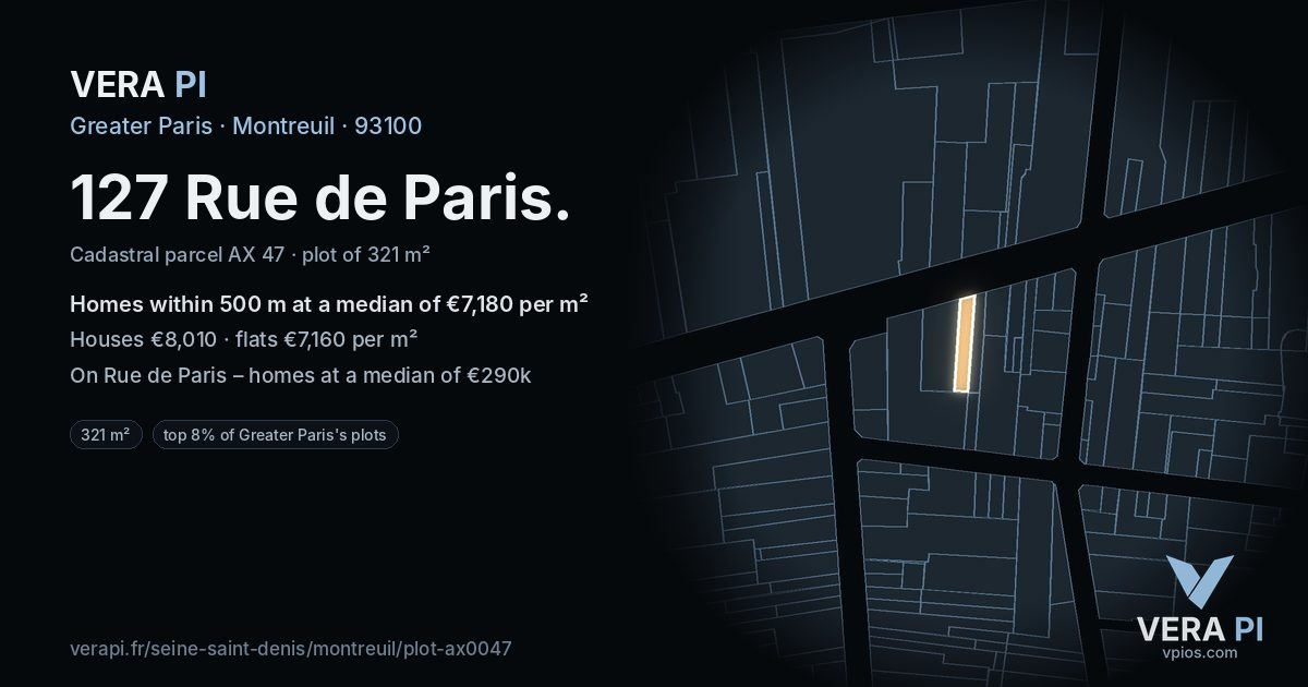 127 Rue de Paris, Montreuil at night – the plot lit, the parcels around coloured by the prices near them