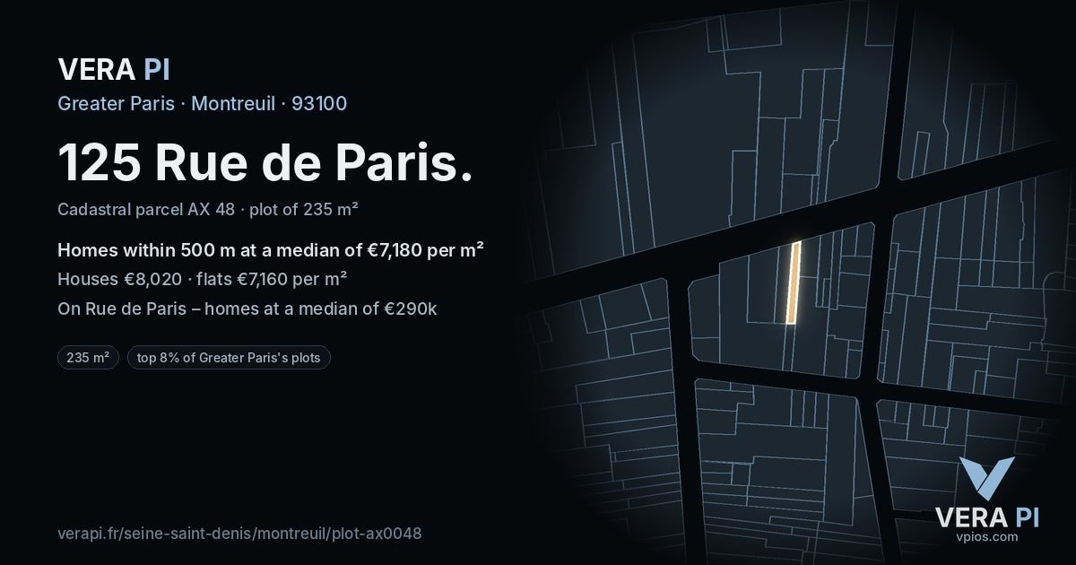 125 Rue de Paris, Montreuil at night – the plot lit, the parcels around coloured by the prices near them