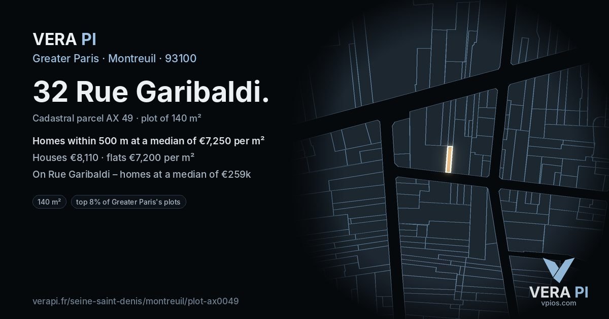 32 Rue Garibaldi, Montreuil at night – the plot lit, the parcels around coloured by the prices near them