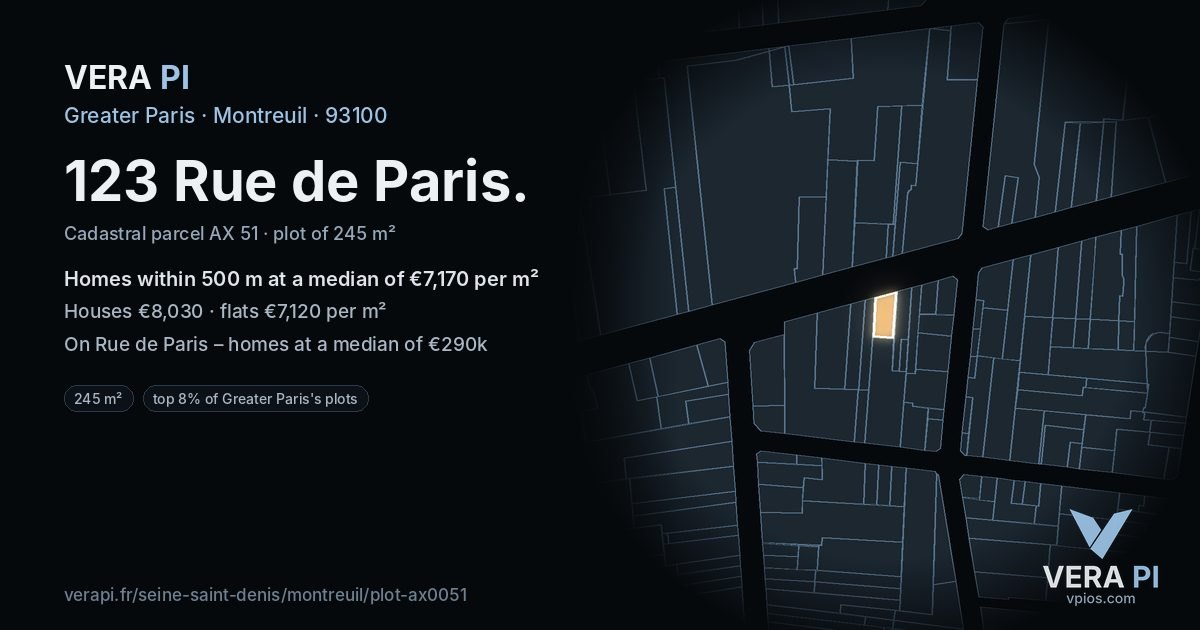 123 Rue de Paris, Montreuil at night – the plot lit, the parcels around coloured by the prices near them