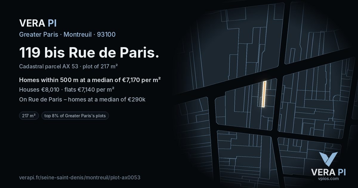 119 bis Rue de Paris, Montreuil at night – the plot lit, the parcels around coloured by the prices near them