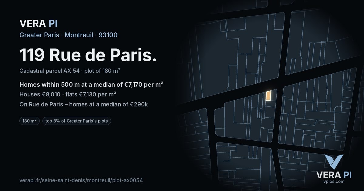 119 Rue de Paris, Montreuil at night – the plot lit, the parcels around coloured by the prices near them