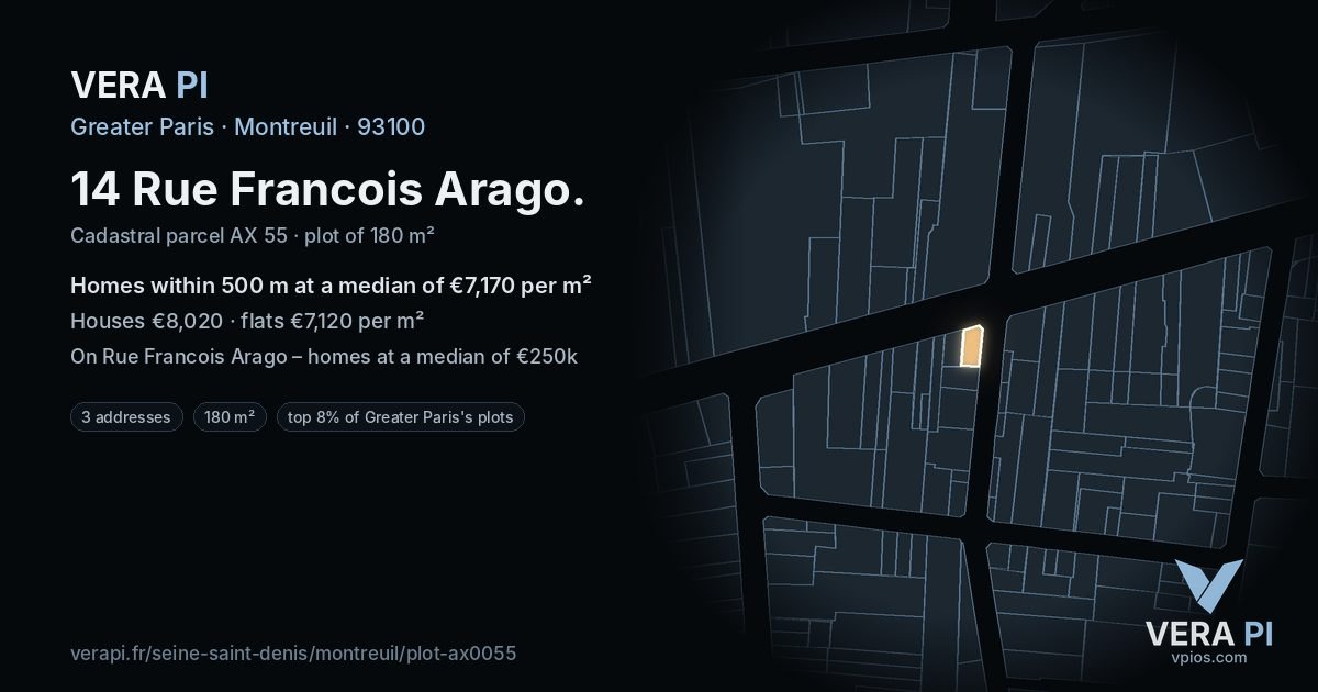 14 Rue Francois Arago, Montreuil at night – the plot lit, the parcels around coloured by the prices near them