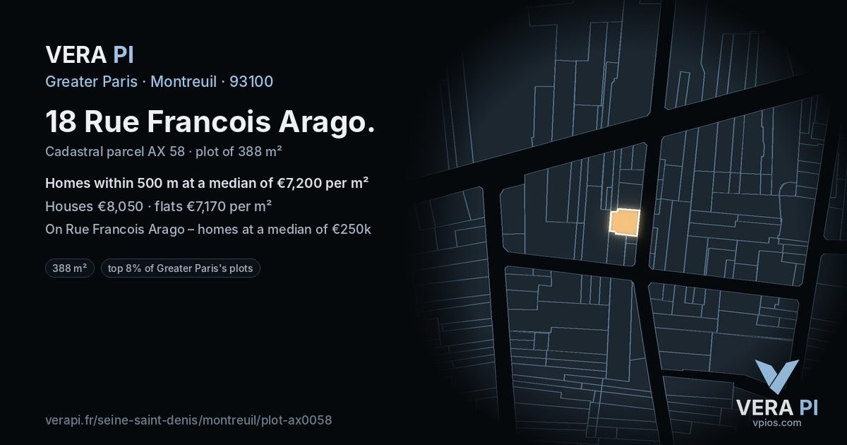 18 Rue Francois Arago, Montreuil at night – the plot lit, the parcels around coloured by the prices near them