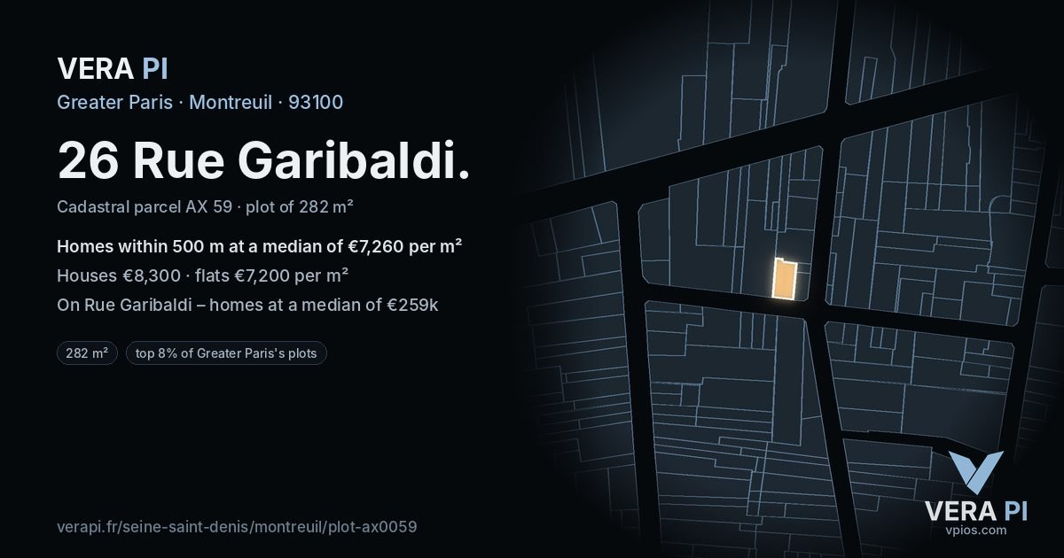26 Rue Garibaldi, Montreuil at night – the plot lit, the parcels around coloured by the prices near them