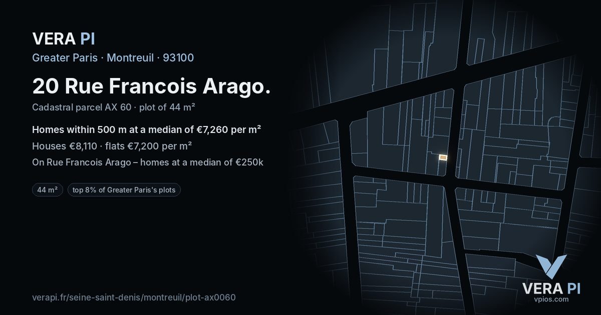 20 Rue Francois Arago, Montreuil at night – the plot lit, the parcels around coloured by the prices near them
