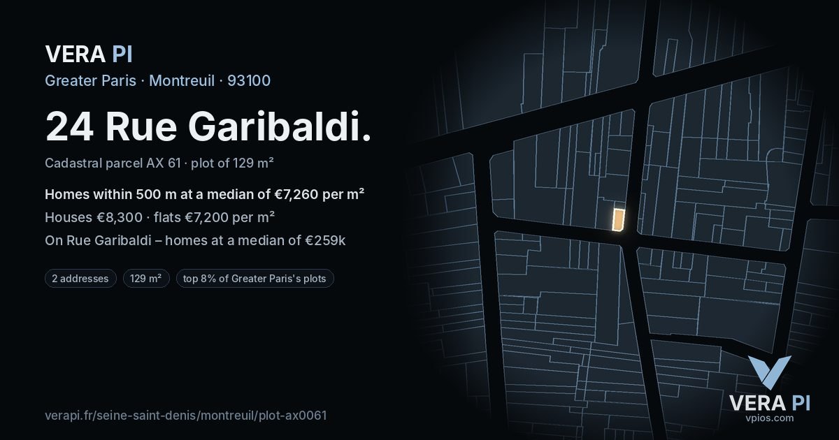 24 Rue Garibaldi, Montreuil at night – the plot lit, the parcels around coloured by the prices near them