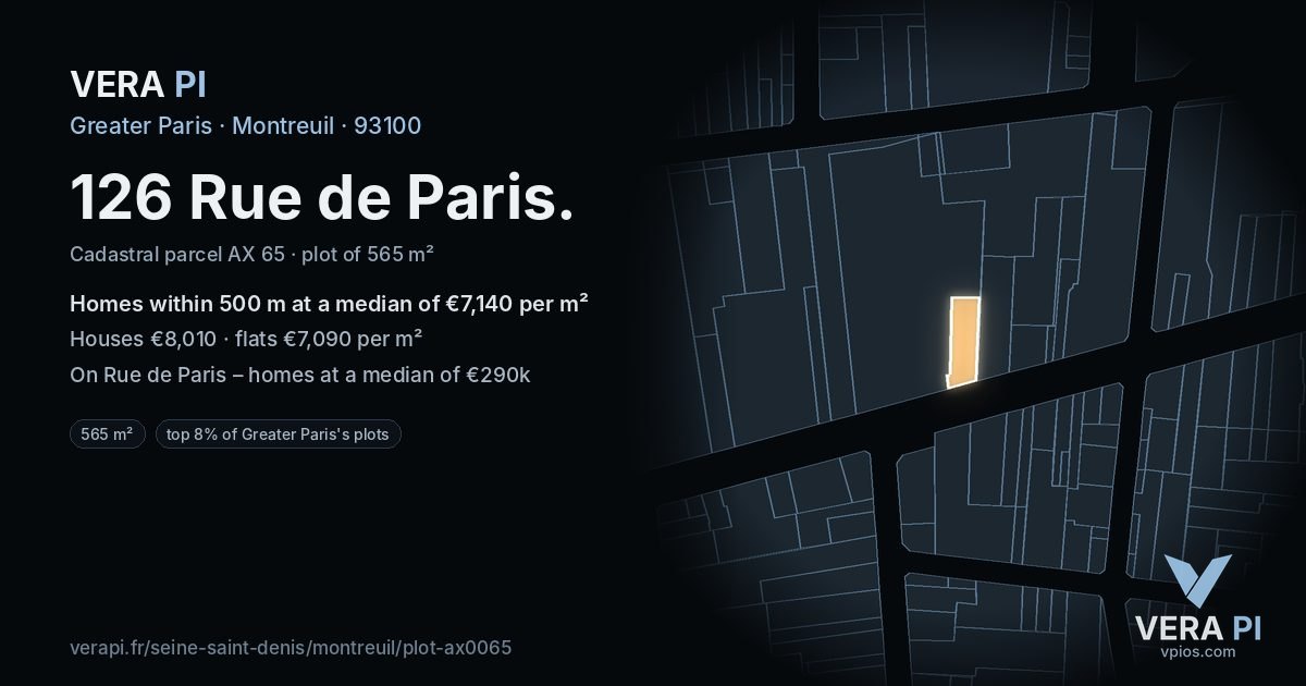 126 Rue de Paris, Montreuil at night – the plot lit, the parcels around coloured by the prices near them