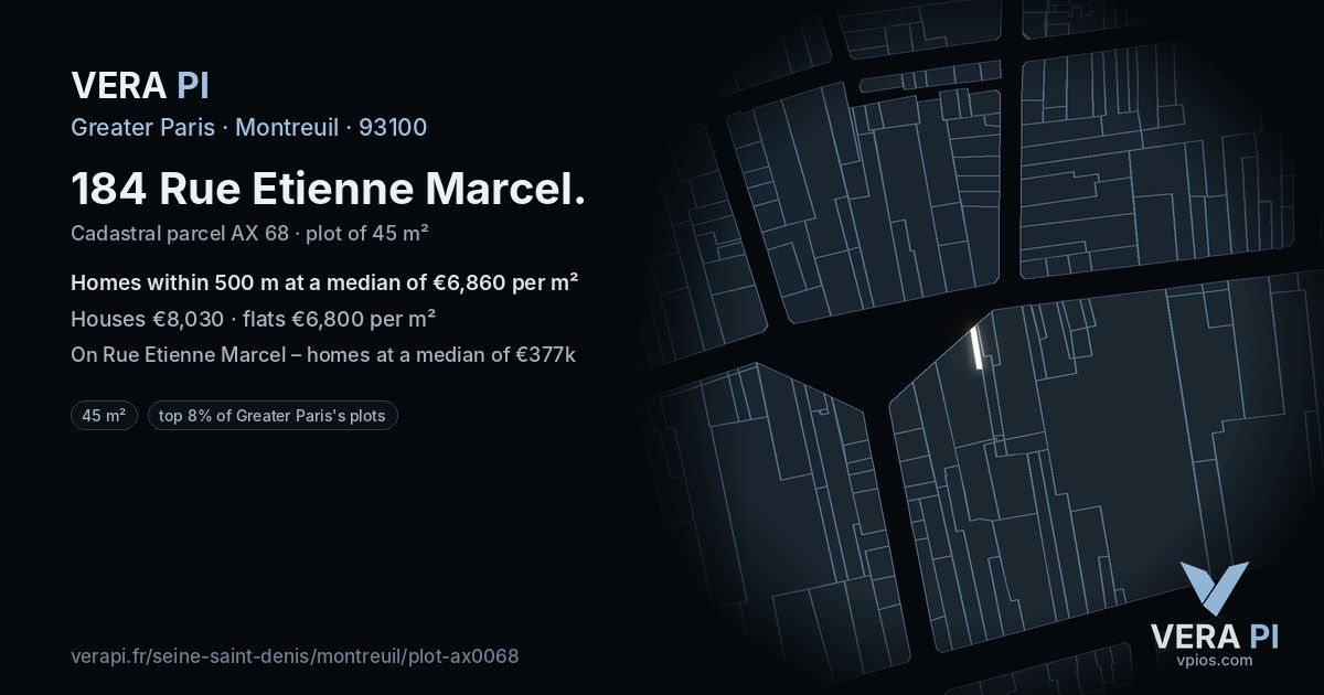 184 Rue Etienne Marcel, Montreuil at night – the plot lit, the parcels around coloured by the prices near them