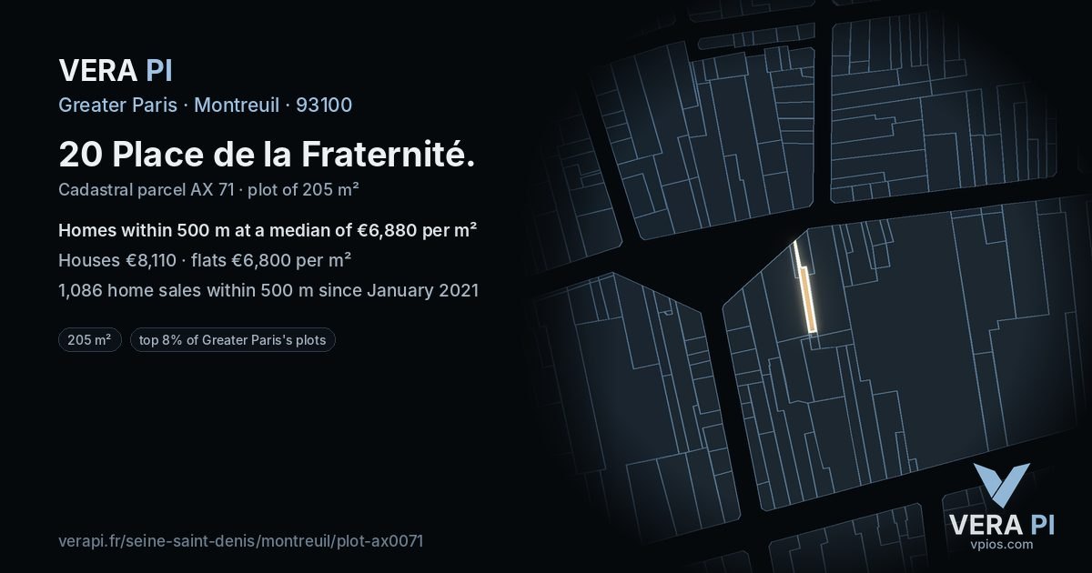 20 Place de la Fraternité, Montreuil at night – the plot lit, the parcels around coloured by the prices near them