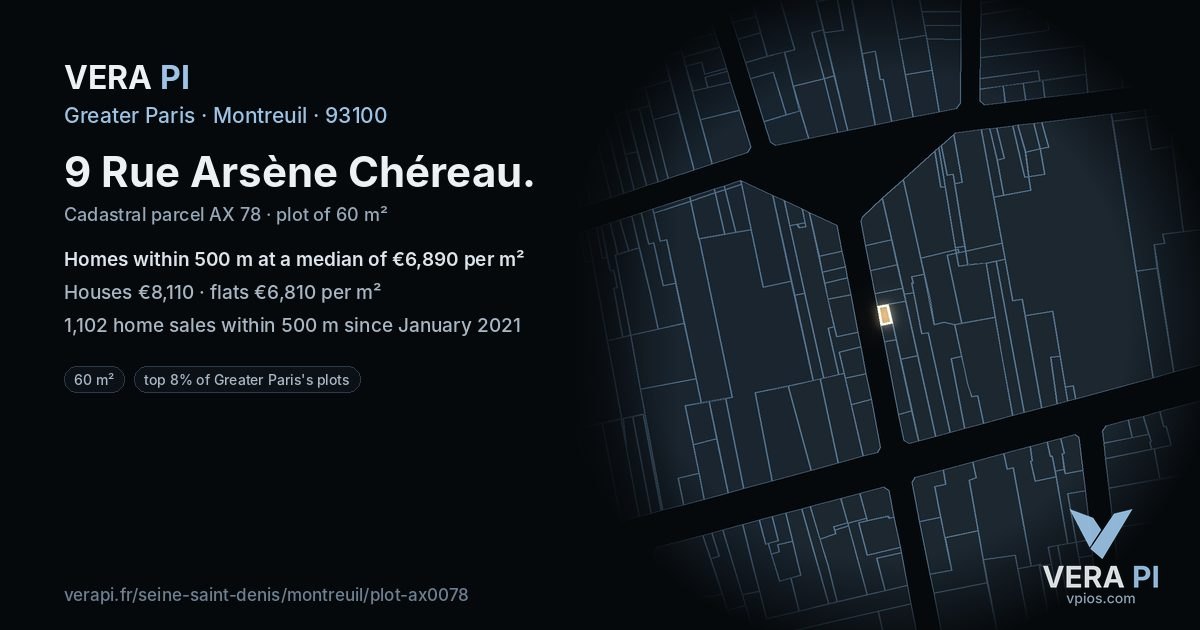 9 Rue Arsène Chéreau, Montreuil at night – the plot lit, the parcels around coloured by the prices near them
