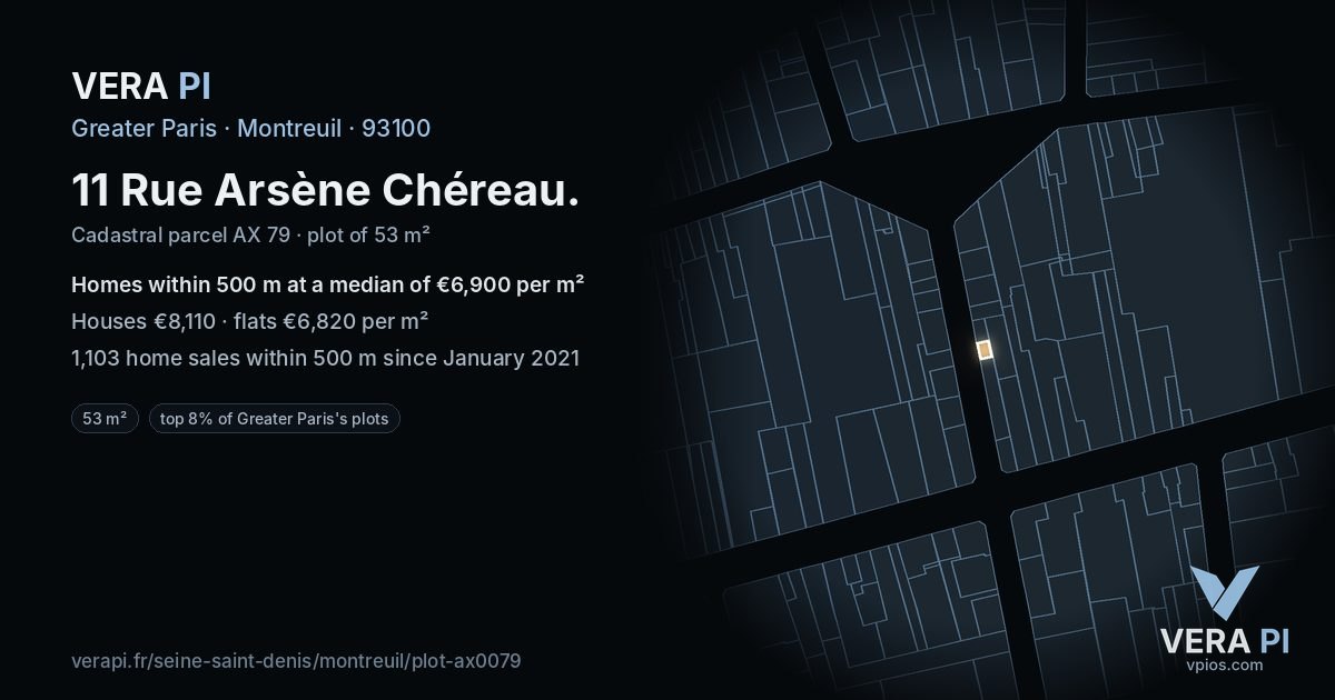 11 Rue Arsène Chéreau, Montreuil at night – the plot lit, the parcels around coloured by the prices near them