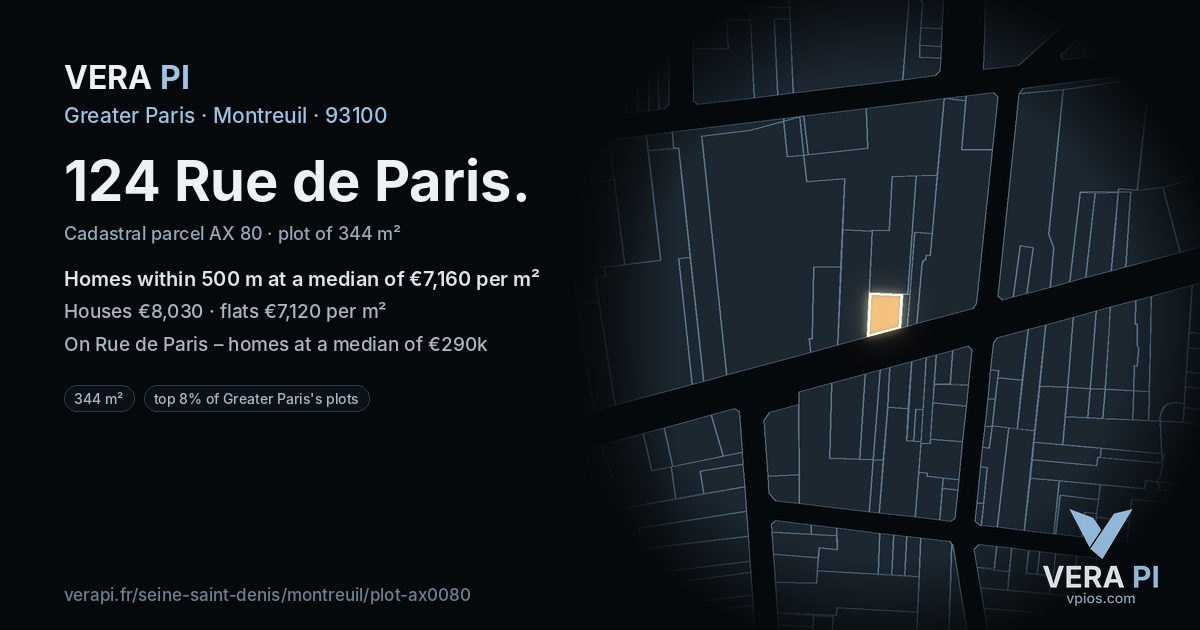 124 Rue de Paris, Montreuil at night – the plot lit, the parcels around coloured by the prices near them