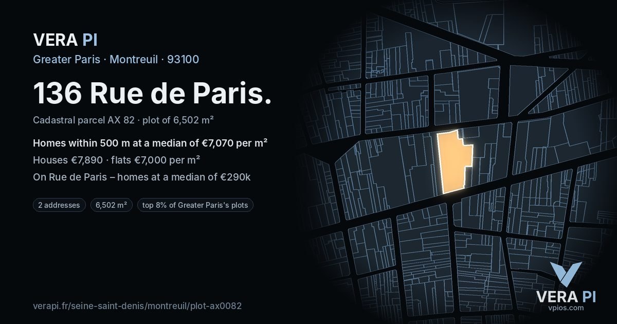 136 Rue de Paris, Montreuil at night – the plot lit, the parcels around coloured by the prices near them