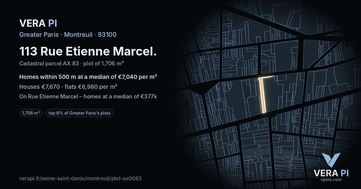 113 Rue Etienne Marcel, Montreuil at night – the plot lit, the parcels around coloured by the prices near them