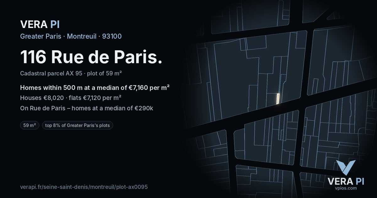 116 Rue de Paris, Montreuil at night – the plot lit, the parcels around coloured by the prices near them